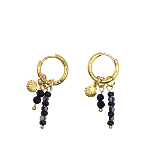 Oorringen Rvs Goud met zwarte Kralen Hangers