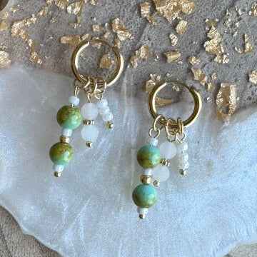 Oorringen Goud Rvs 12 mm met hangers Turquoise en wit - Idhuna Jewels