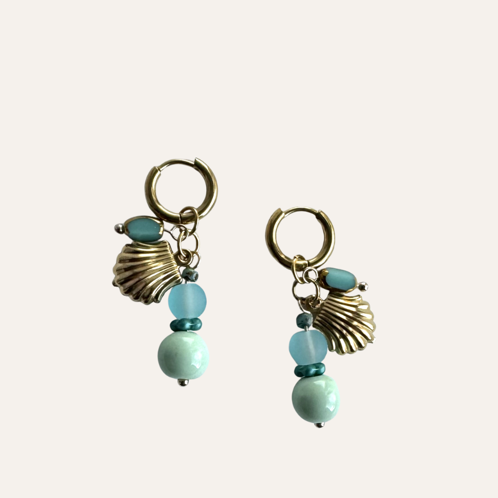 Stalen Oorbellen bedels Mintgroen turquoise en Schelpje