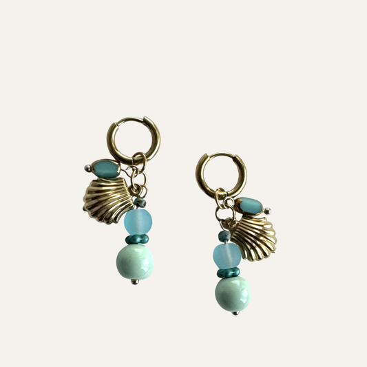 Stalen Oorbellen bedels Mintgroen turquoise en Schelpje