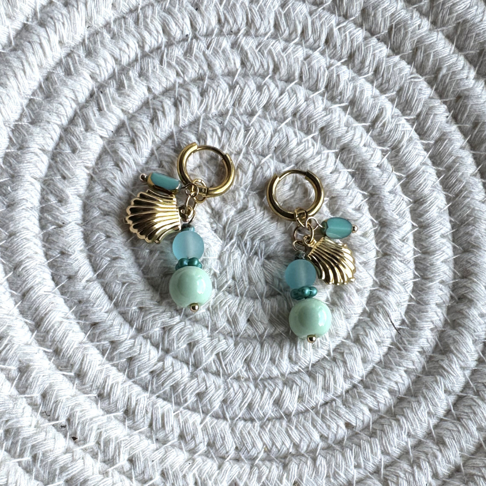 Stalen Oorbellen bedels Mintgroen turquoise en Schelpje