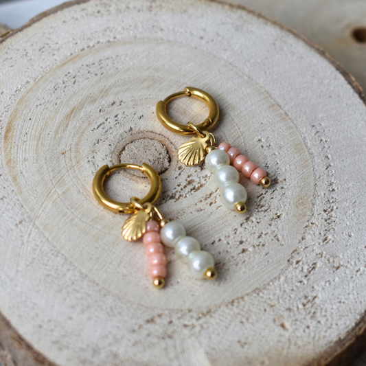 Oorringen Zalmroze Kralen Hanger en Bedel Schelpje