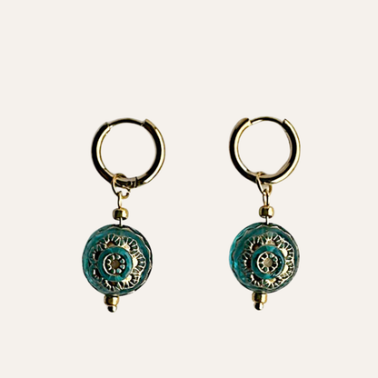 Oorringen Rvs goud Czech Flower turquoise Ella