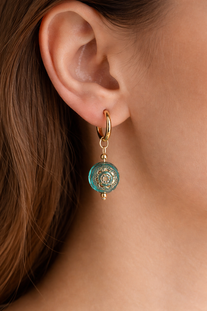 Oorringen Rvs goud Czech Flower turquoise Ella