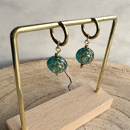 Oorringen Rvs goud Czech Flower turquoise Ella