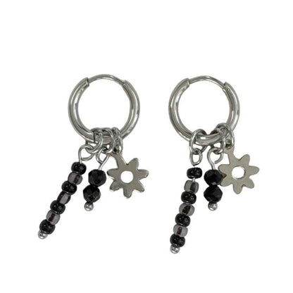 Oorringen Stainless Steel Zilver zwarte kralen hangers & bloemen bedeltje - Idhuna Jewels
