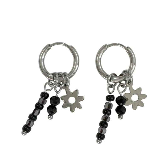 Oorringen Stainless Steel Zilver zwarte kralen hangers & bloemen bedeltje - Idhuna Jewels