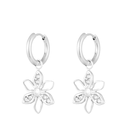 Oorringen met bedels staal zilver bloemetjes met zirkonia's