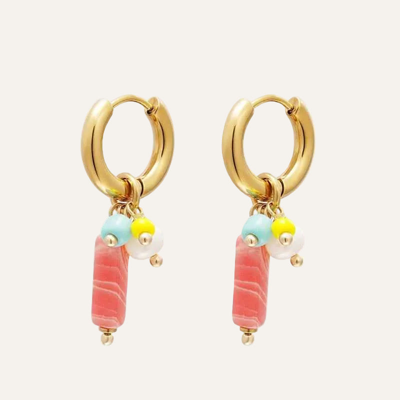 Oorringen staal goud Yehwang met kraaltjes natuursteen - Idhuna Jewels