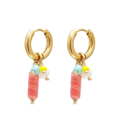 Oorringen staal goud Yehwang met kraaltjes natuursteen - Idhuna Jewels