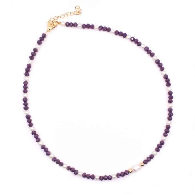 Paarse Kralen Ketting Facet kralen met Parel Rvs goud