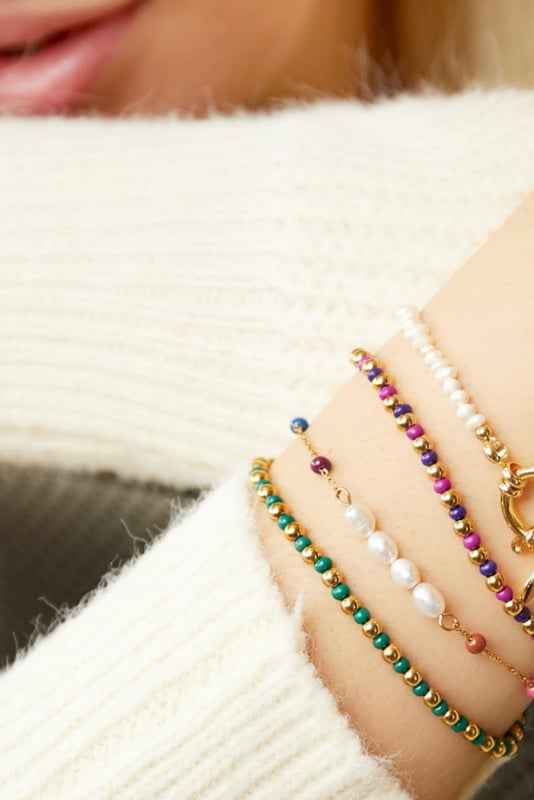 Parel Armband dames staal Zilver met gekleurde kralen - Idhuna Jewels