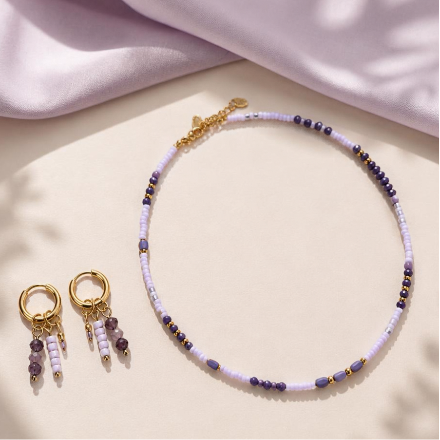 Purple Glow Sieradenset – Lila Ketting & Oorringen Maud