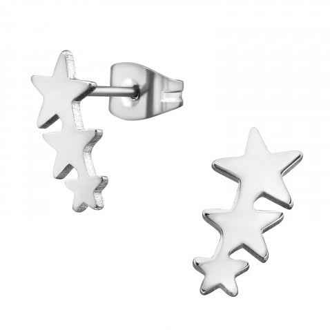 Rij drie Sterren Oorbellen knopjes Zilver Stainless Steel - Idhuna Jewels