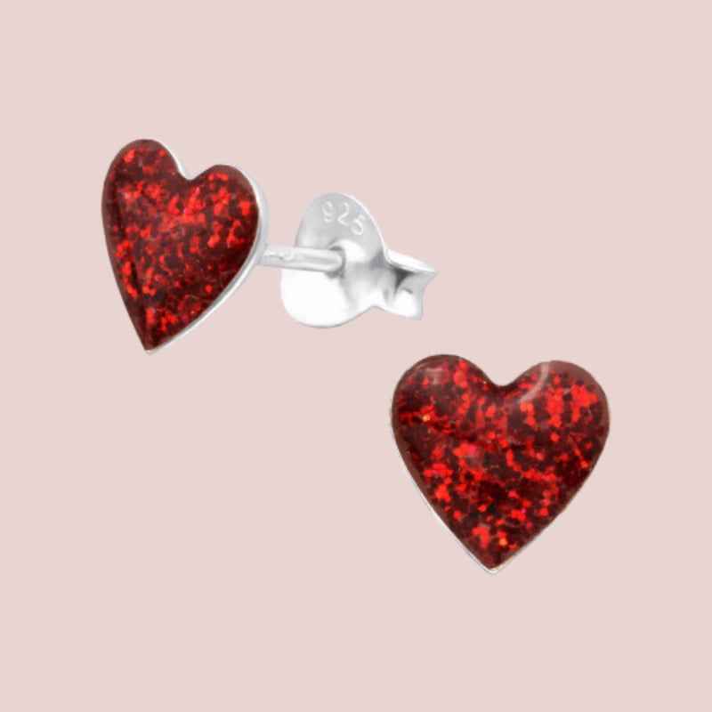Rode Glitter hartjes Oorbellen 925 zilver - Idhuna Jewels