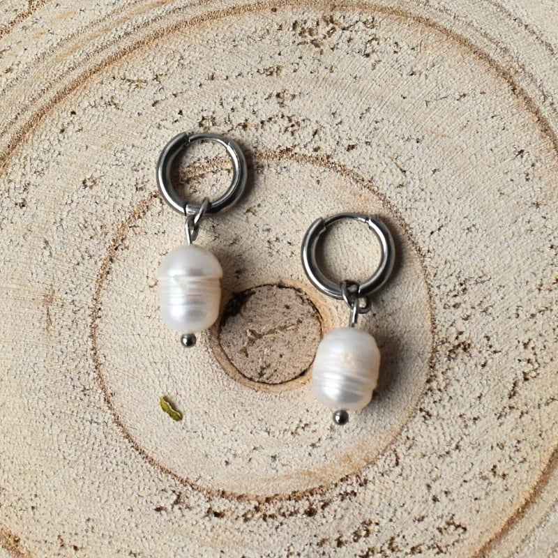 Roestvrij stalen zoetwaterparel oorbellen zilver - Idhuna Jewels