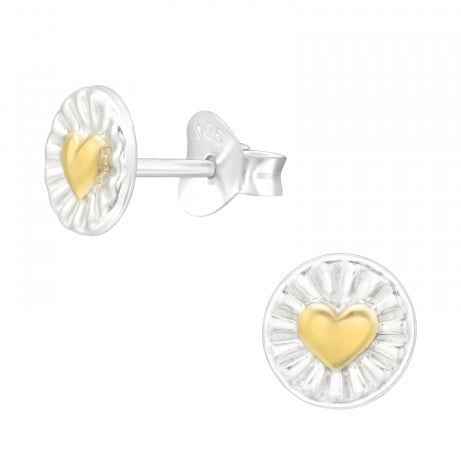 Ronde zilveren oorknopjes met goudkleurig hartje - Idhuna Jewels