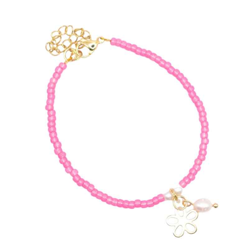 Roze Miyuki Kralen Dames Armband met Bloem en Parel hanger - Idhuna Jewels