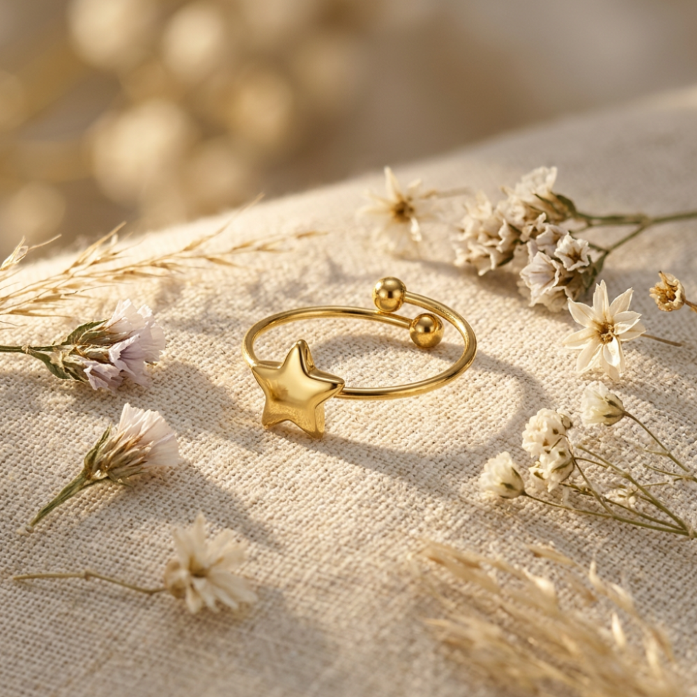 Goudkleurige Rvs ring met ster Idhuna Jewels