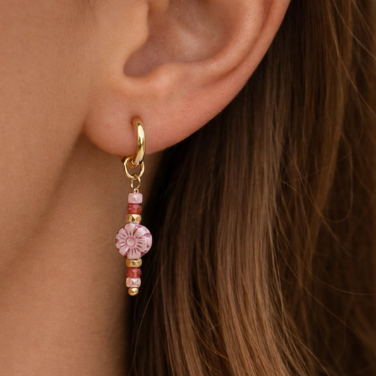 Stalen Oorringen Goud Bedels Roze Bloem