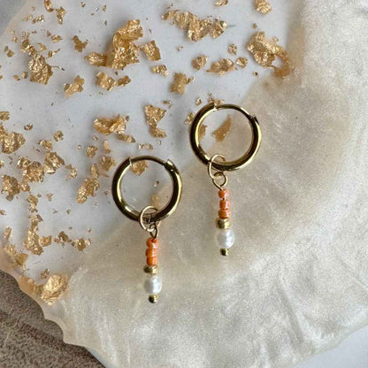 Stalen Oorringen goud kralen hangers Oranje Pearly