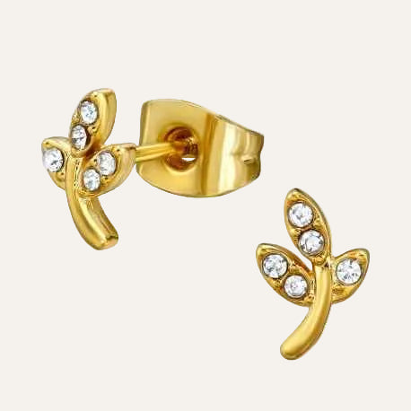 Stalen oorbellen knopjes takje met Blaadjes goud zirkonia's - Idhuna Jewels