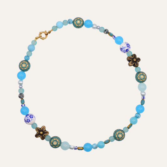 Turquoise kralenketting met bloemen – Aqua Bloom