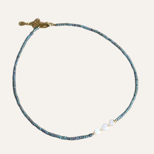 Turquoise Miyuki kralen ketting staal kort dames parelmoer hartjes