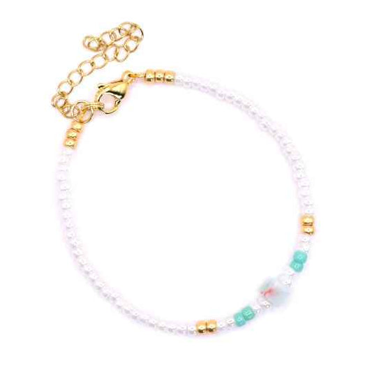 Witte kralen armband Dames Miyuki Staal Goud met lichtblauwe natuursteen - Idhuna Jewels