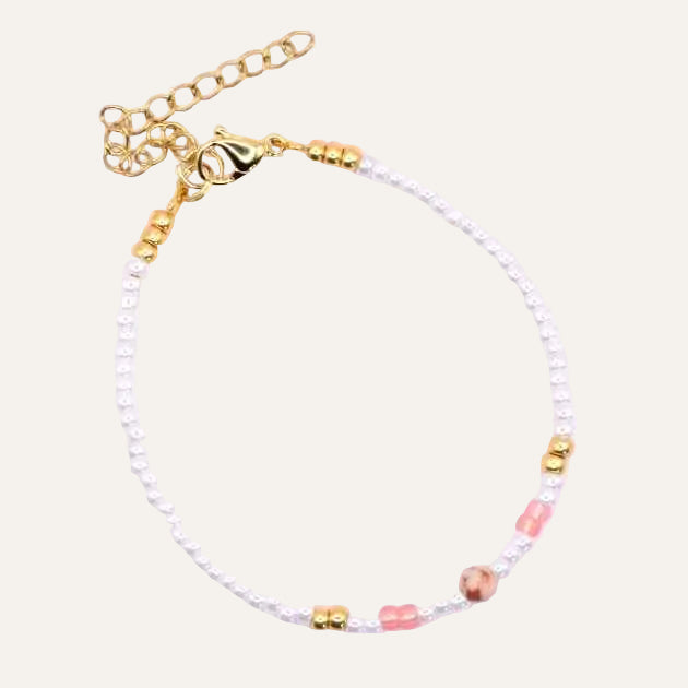 Witte kralen armband rocailles Rvs goud zalmroze natuursteen - Idhuna Jewels