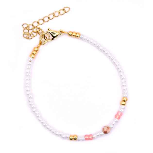 Witte kralen armband rocailles Rvs goud zalmroze natuursteen - Idhuna Jewels