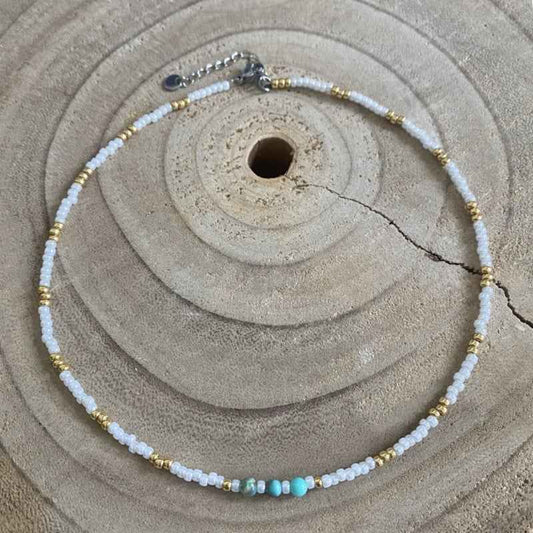Witte rocailles ketting Rvs dames zilver en turquoise natuursteen - Idhuna Jewels