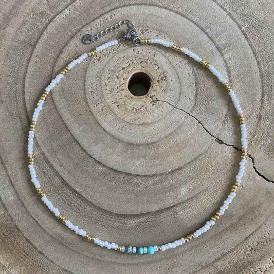 Witte rocailles ketting Rvs dames zilver en turquoise natuursteen - Idhuna Jewels