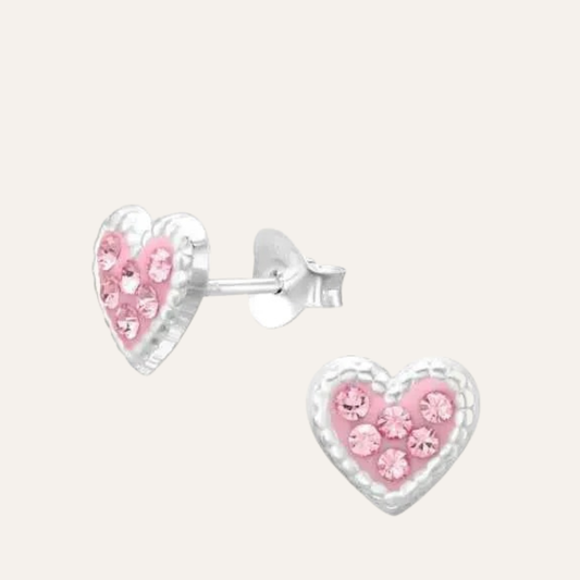 Zilveren Hartjes Oorbellen Knopjes met Roze kristallen