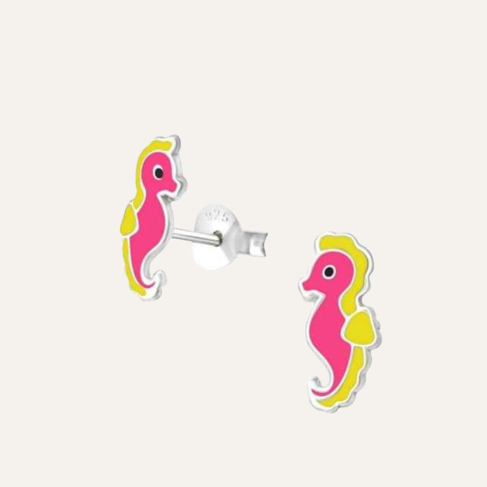 Zilveren Dieren oorbellen Zeepaardje Roze Geel