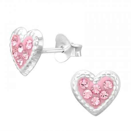 Zilveren Hartjes Oorbellen Knopjes met Roze kristallen - Idhuna Jewels