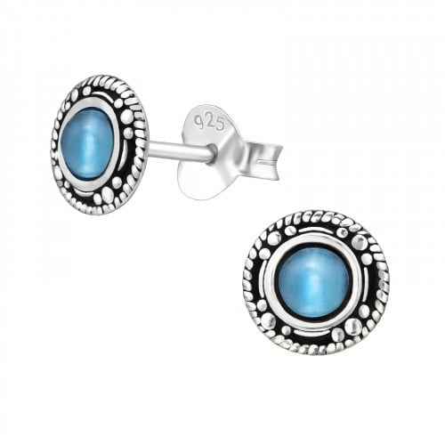 Zilveren ronde oorbellen Bali met halfedelsteen Cateye blue - Idhuna Jewels