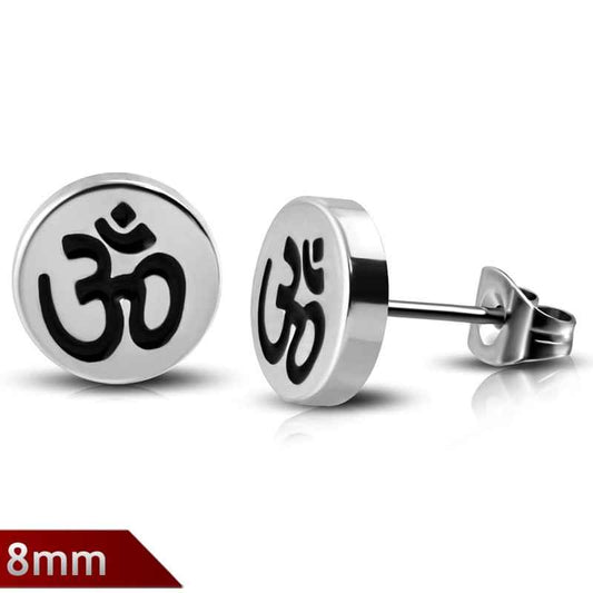 Zilverkleurige ronde Om (OHM) Oorbellen knopjes edelstaal - Idhuna Jewels