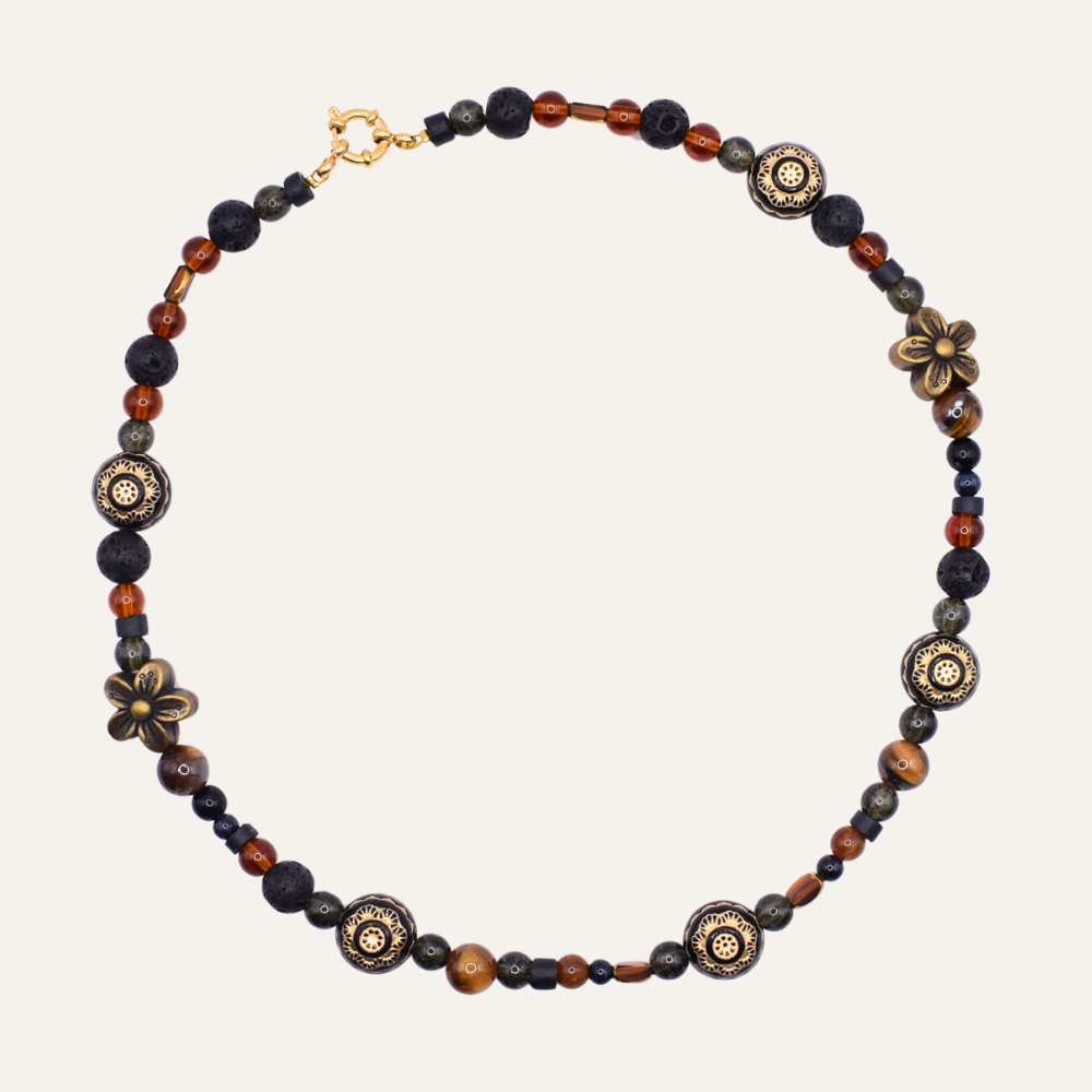 Zwarte en bruine kralenketting met bloemen Copper Bloom