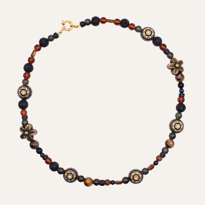 Zwarte en bruine kralenketting met bloemen Copper Bloom