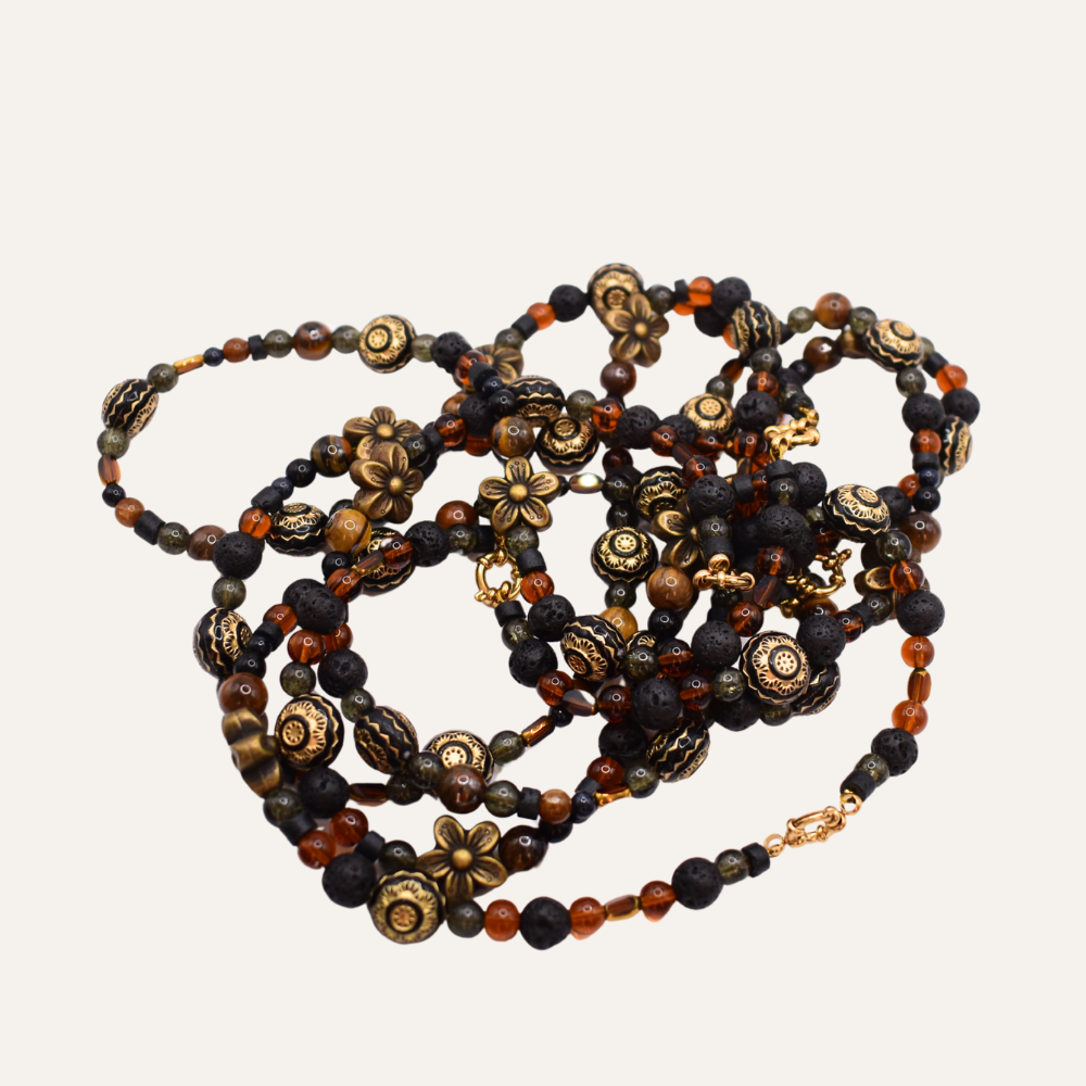 Zwarte en bruine kralenketting met bloemen Copper Bloom