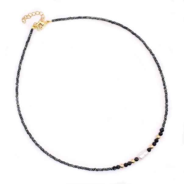 Zwarte korte dames kralen ketting staal goud met parel - Idhuna Jewels