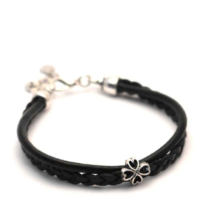 Zwarte leren dames armband met klavertje vier geluk - Idhuna Jewels