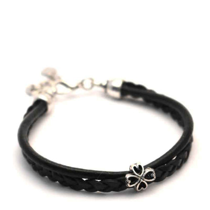 Zwarte leren dames armband met klavertje vier geluk - Idhuna Jewels