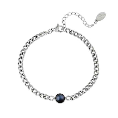 Armband schakels stainless steel zilver met zwarte steen - Idhuna Jewels